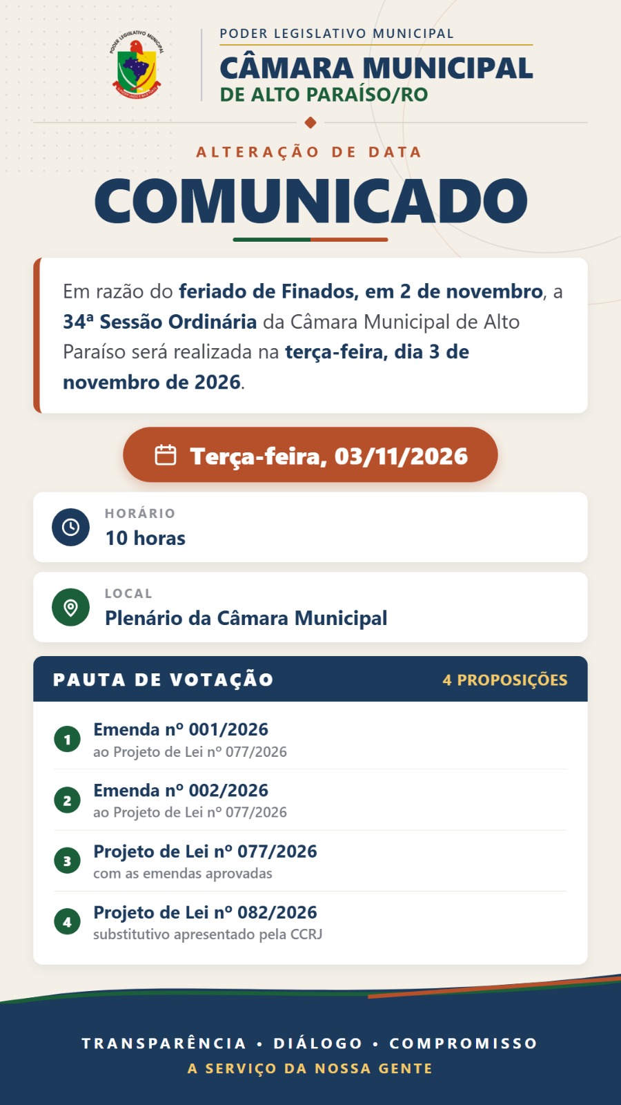 Câmara Municipal informa alteração da data da 34ª Sessão Ordinária